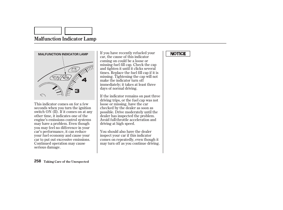 Malfunction indicator lamp | Acura 2003 NSX - Owner's Manual User Manual | Page 261 / 303