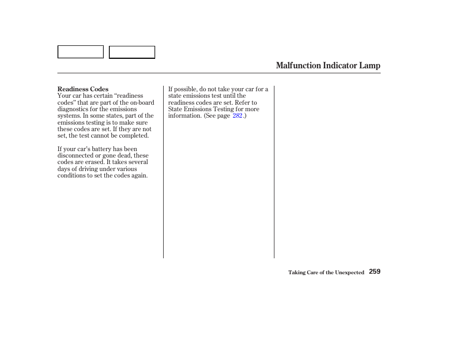 Malfunction indicator lamp | Acura 2003 NSX - Owner's Manual User Manual | Page 262 / 303