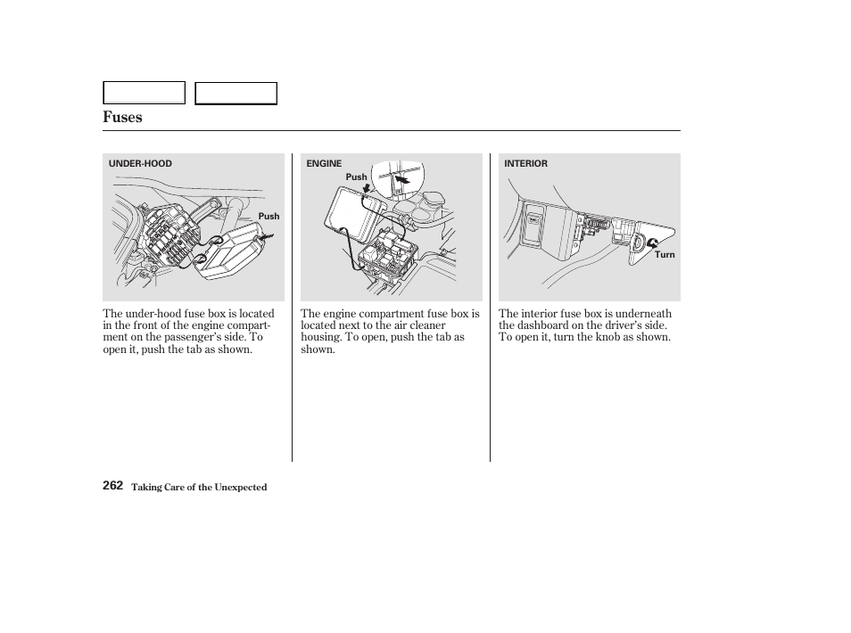 Fuses | Acura 2003 NSX - Owner's Manual User Manual | Page 265 / 303