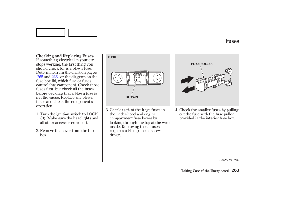 Fuses | Acura 2003 NSX - Owner's Manual User Manual | Page 266 / 303