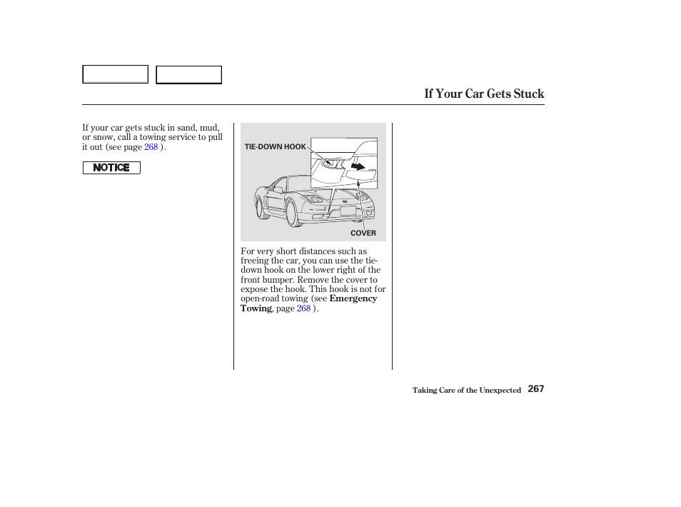 If your car gets stuck | Acura 2003 NSX - Owner's Manual User Manual | Page 270 / 303