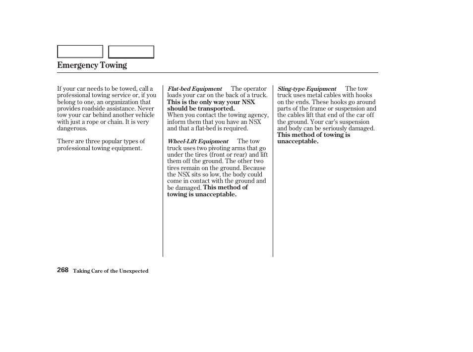 Emergency towing | Acura 2003 NSX - Owner's Manual User Manual | Page 271 / 303