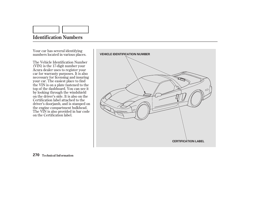 Identification numbers | Acura 2003 NSX - Owner's Manual User Manual | Page 273 / 303