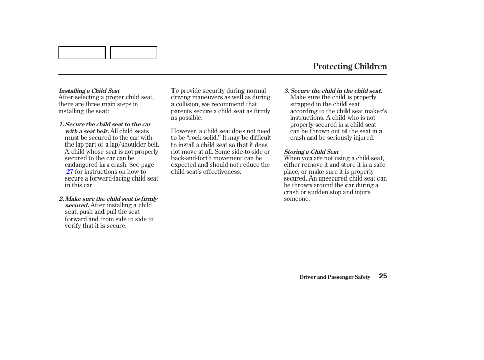 Protecting children | Acura 2003 NSX - Owner's Manual User Manual | Page 28 / 303