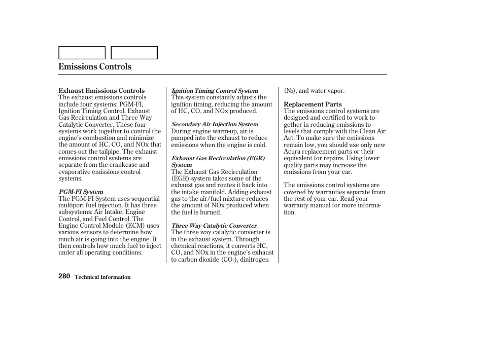 Emissions controls | Acura 2003 NSX - Owner's Manual User Manual | Page 283 / 303