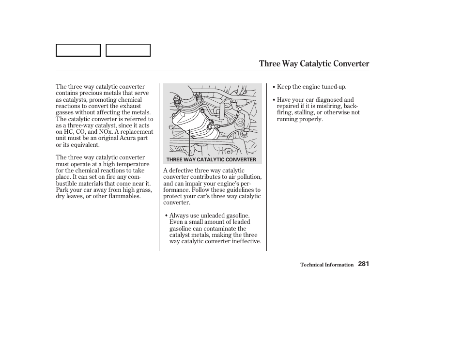 Three way catalytic converter | Acura 2003 NSX - Owner's Manual User Manual | Page 284 / 303