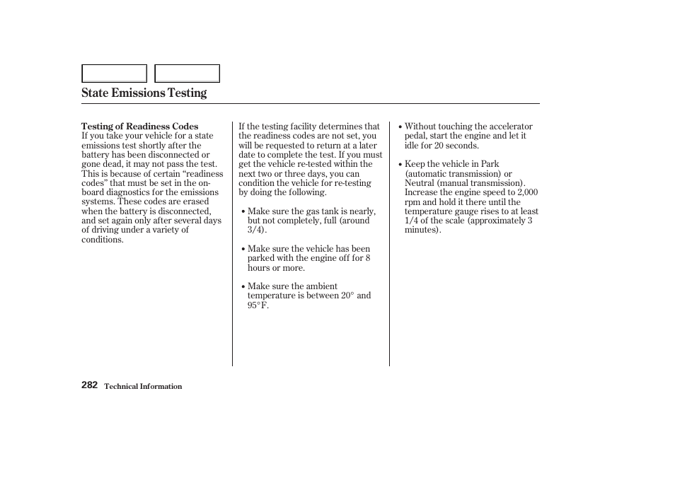 State emissions testing | Acura 2003 NSX - Owner's Manual User Manual | Page 285 / 303