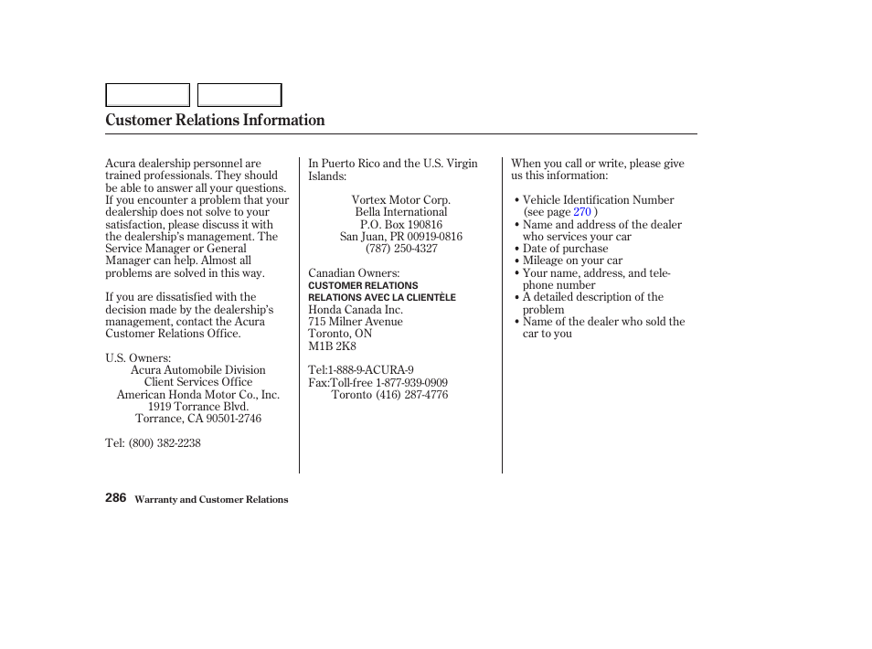 Customer relations information | Acura 2003 NSX - Owner's Manual User Manual | Page 289 / 303