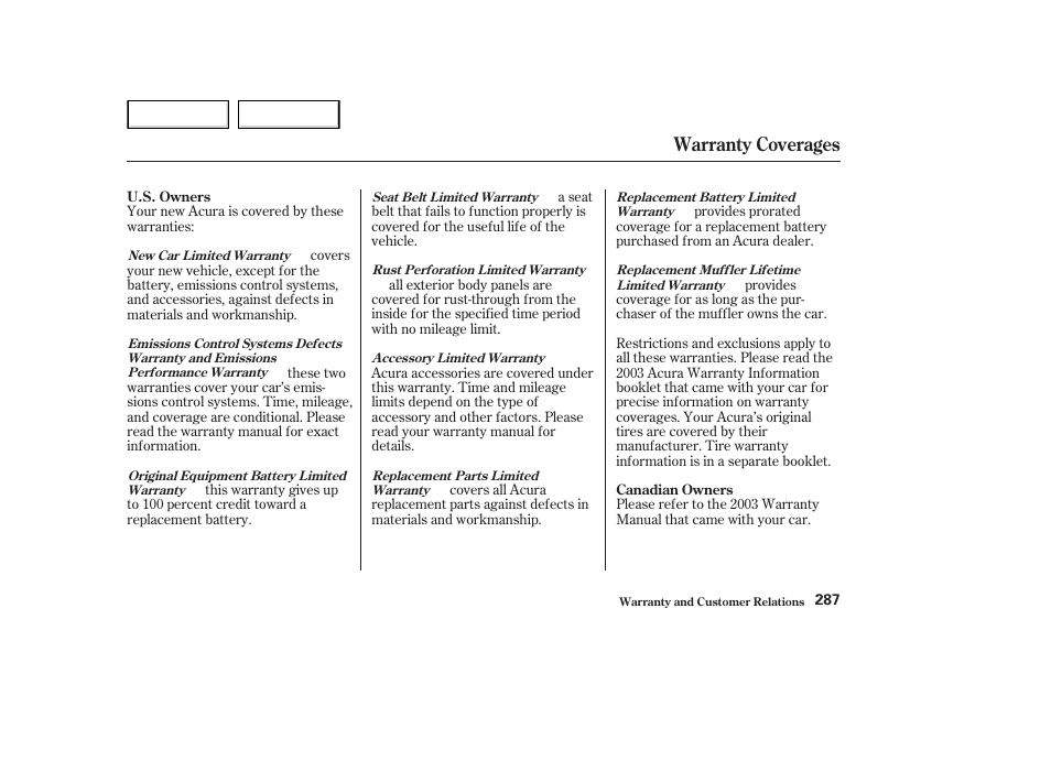 Warranty coverages | Acura 2003 NSX - Owner's Manual User Manual | Page 290 / 303