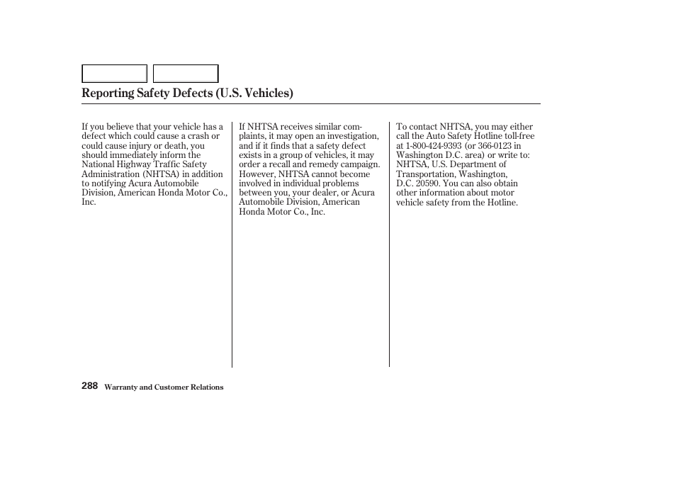 Reporting safety defects (u.s. vehicles) | Acura 2003 NSX - Owner's Manual User Manual | Page 291 / 303