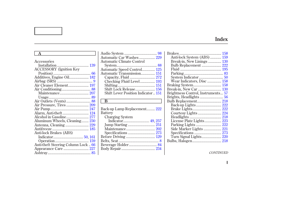 Index | Acura 2003 NSX - Owner's Manual User Manual | Page 294 / 303