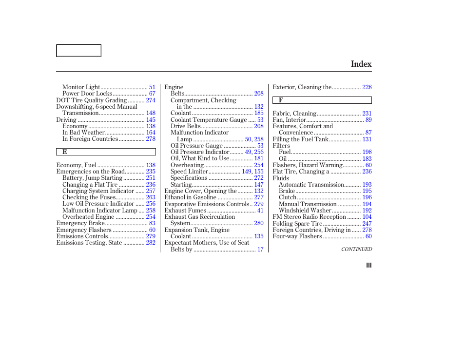 Index | Acura 2003 NSX - Owner's Manual User Manual | Page 296 / 303