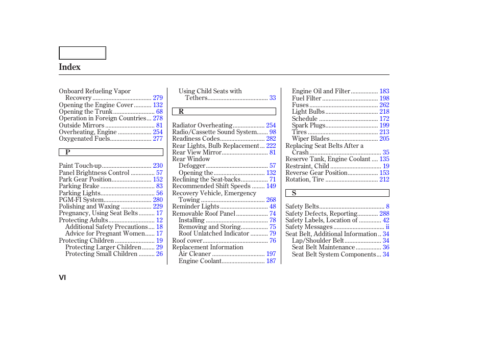 Index | Acura 2003 NSX - Owner's Manual User Manual | Page 299 / 303