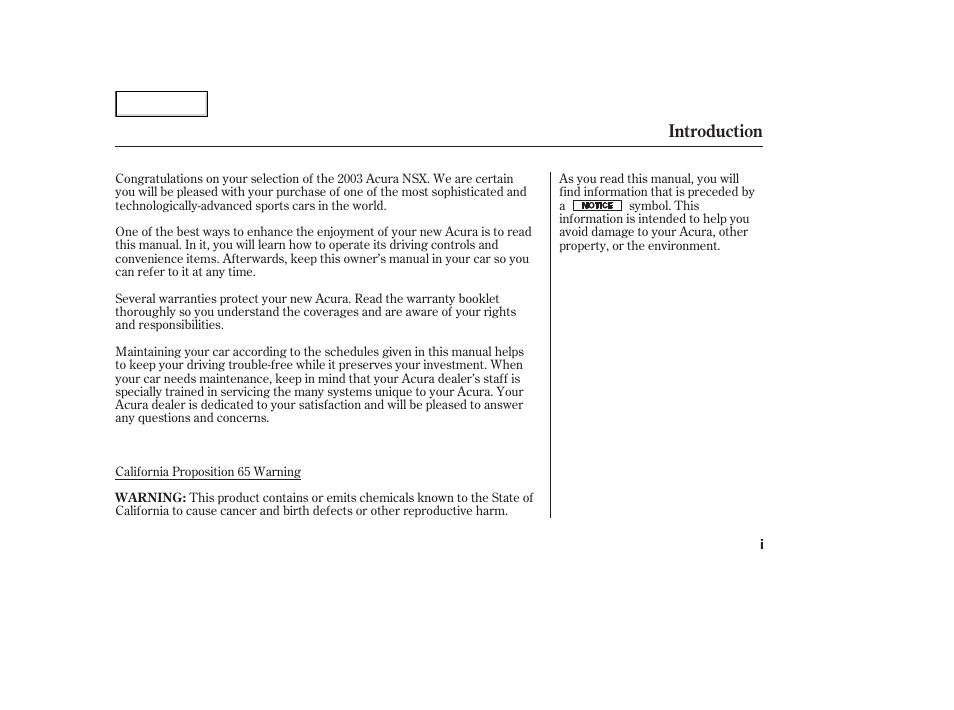 Introduction | Acura 2003 NSX - Owner's Manual User Manual | Page 3 / 303