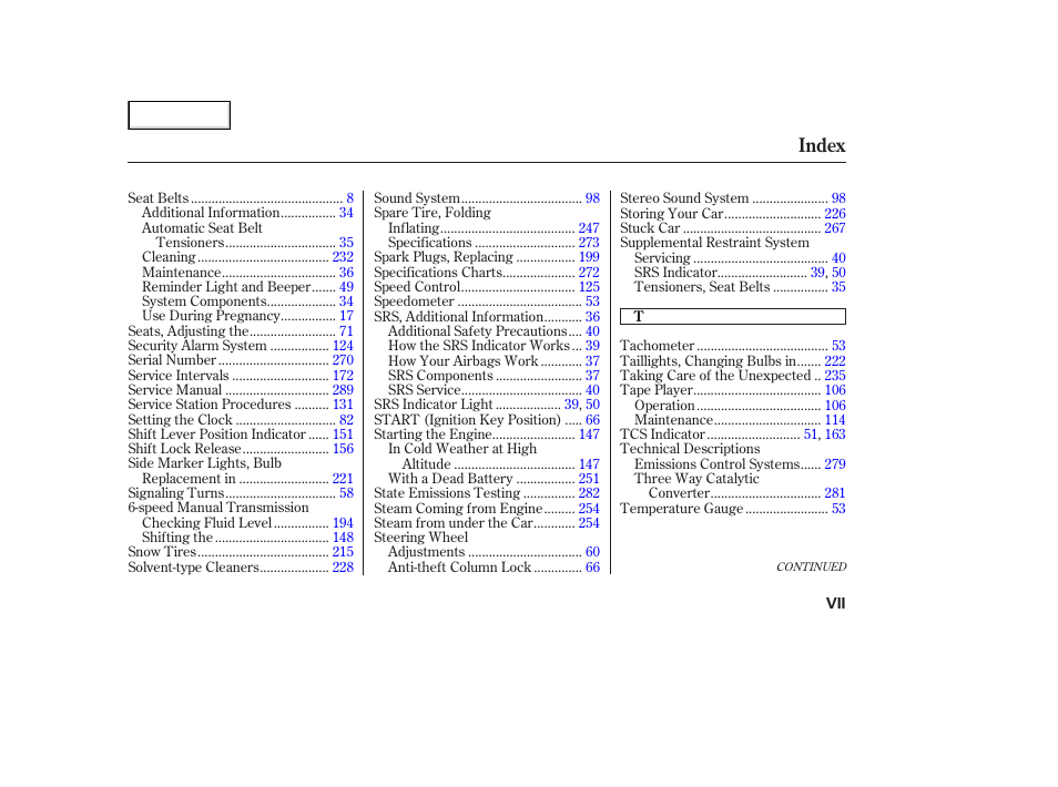 Index | Acura 2003 NSX - Owner's Manual User Manual | Page 300 / 303