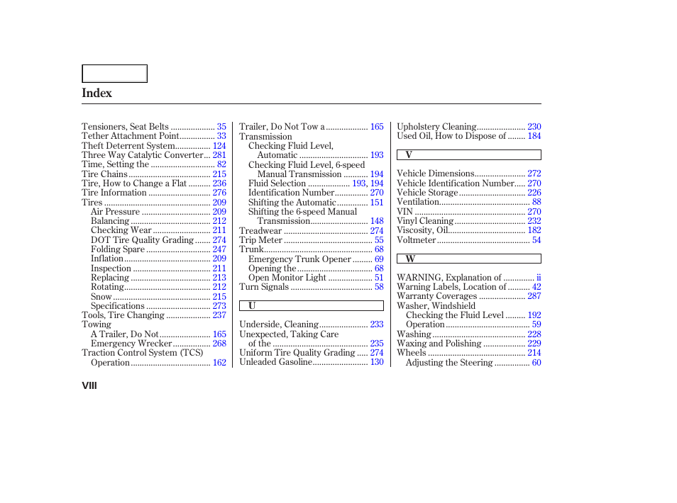 Index | Acura 2003 NSX - Owner's Manual User Manual | Page 301 / 303