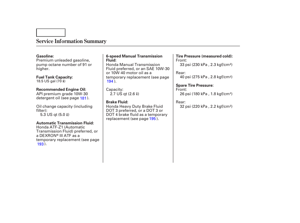 Service information summary | Acura 2003 NSX - Owner's Manual User Manual | Page 303 / 303