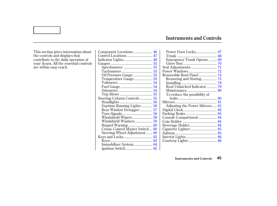 Instruments and controls | Acura 2003 NSX - Owner's Manual User Manual | Page 48 / 303