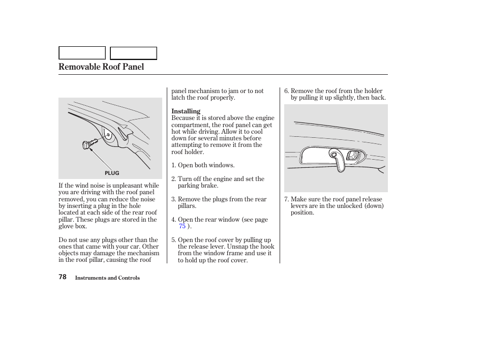 Removable roof panel | Acura 2003 NSX - Owner's Manual User Manual | Page 81 / 303