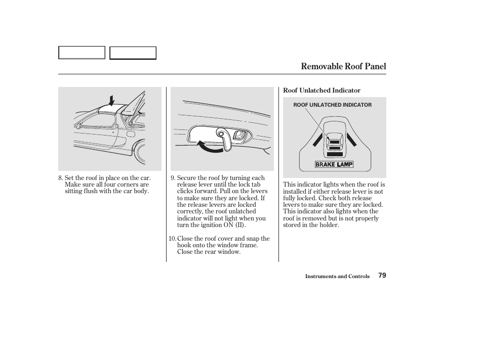 Removable roof panel | Acura 2003 NSX - Owner's Manual User Manual | Page 82 / 303