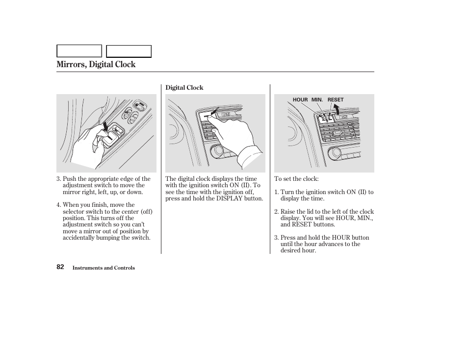 Mirrors, digital clock | Acura 2003 NSX - Owner's Manual User Manual | Page 85 / 303