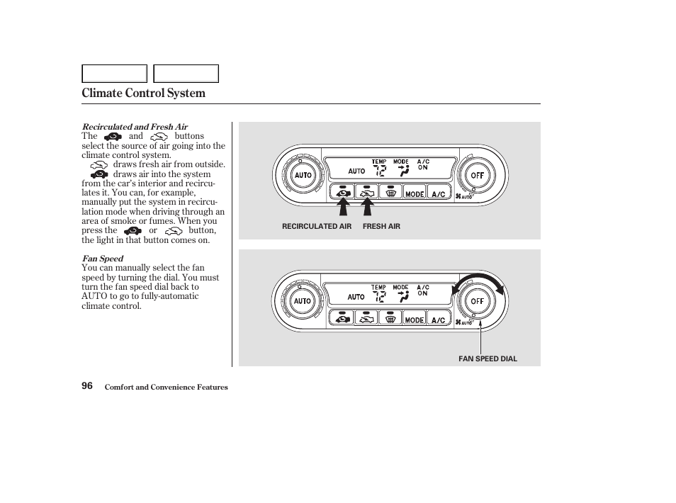 Climate control system | Acura 2003 NSX - Owner's Manual User Manual | Page 99 / 303