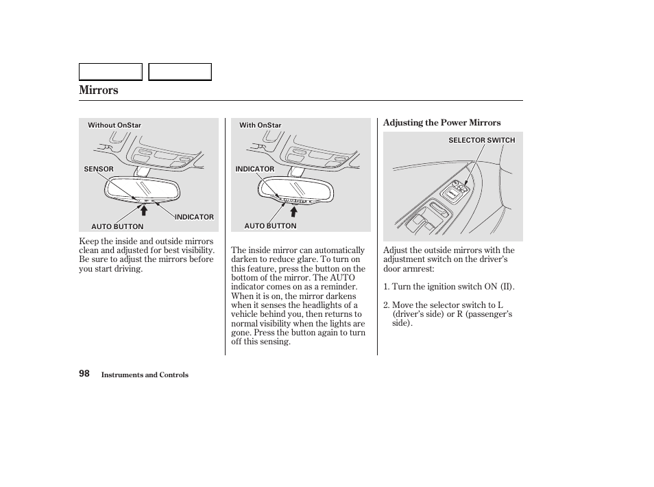 Mirrors | Acura 2003 CL - Owner's Manual User Manual | Page 101 / 355