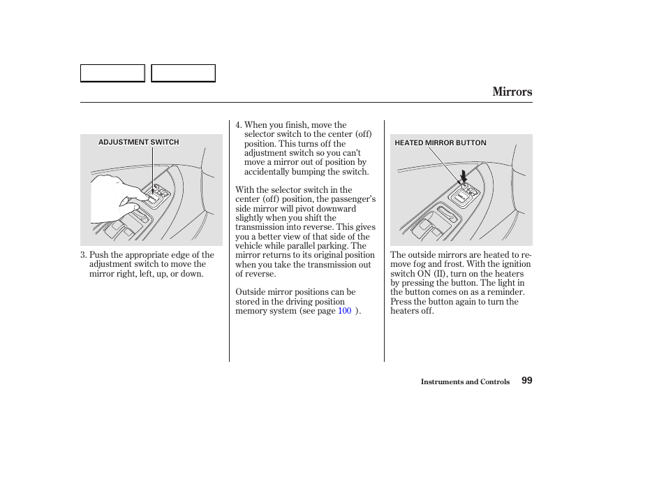 Mirrors | Acura 2003 CL - Owner's Manual User Manual | Page 102 / 355