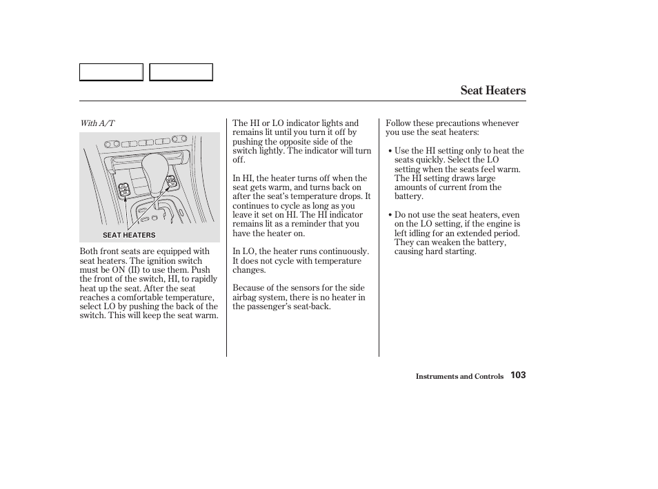 Seat heaters | Acura 2003 CL - Owner's Manual User Manual | Page 106 / 355