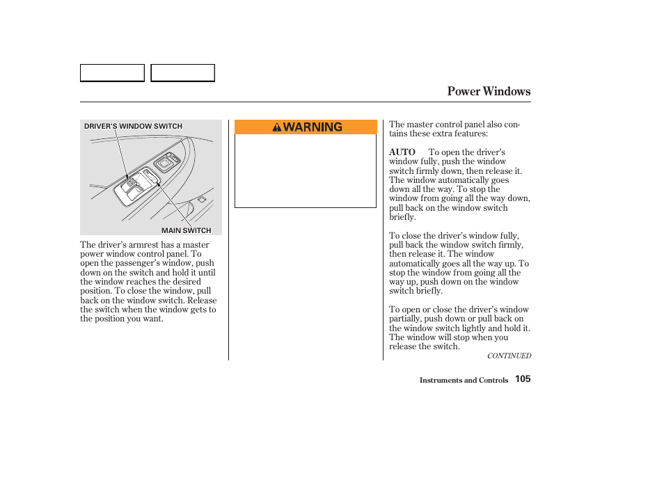 Power windows | Acura 2003 CL - Owner's Manual User Manual | Page 108 / 355