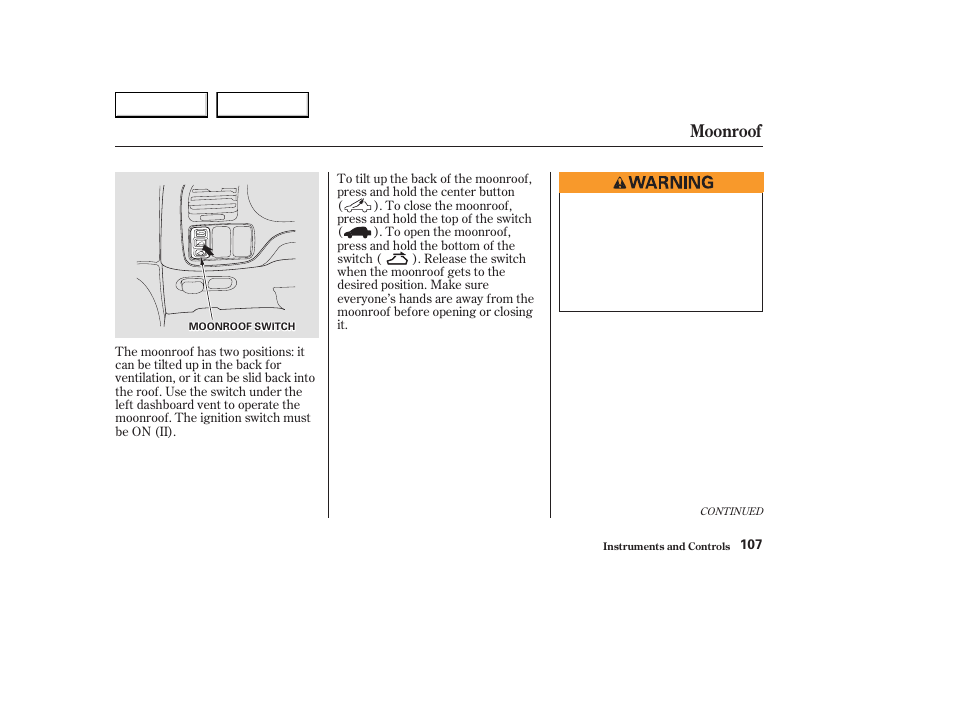 Moonroof | Acura 2003 CL - Owner's Manual User Manual | Page 110 / 355