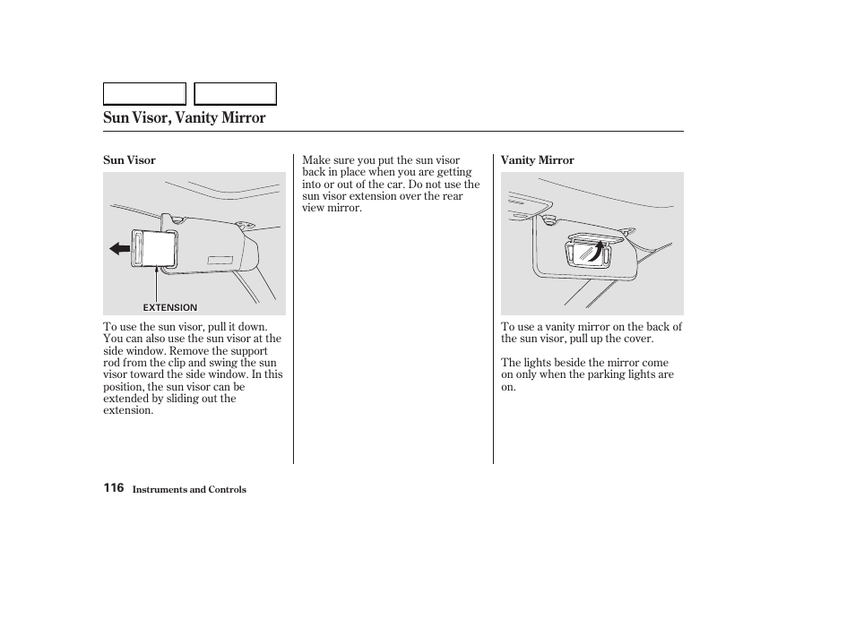 Sun visor, vanity mirror | Acura 2003 CL - Owner's Manual User Manual | Page 119 / 355