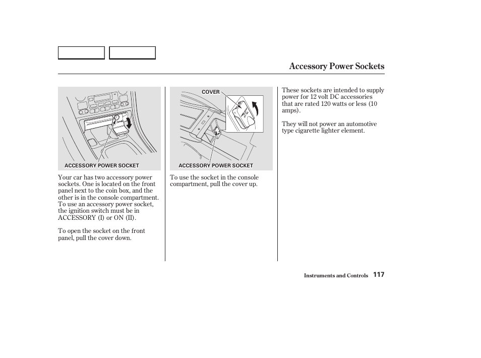 Accessory power sockets | Acura 2003 CL - Owner's Manual User Manual | Page 120 / 355