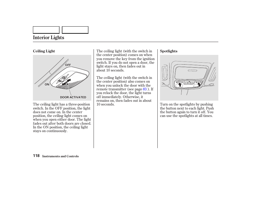 Interior lights | Acura 2003 CL - Owner's Manual User Manual | Page 121 / 355