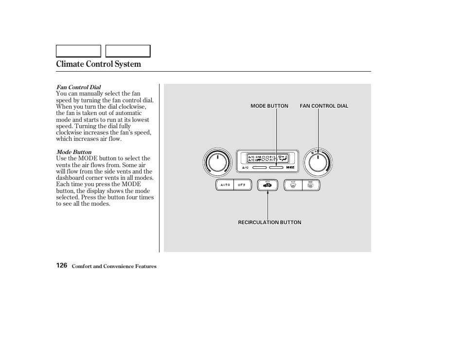 Climate control system | Acura 2003 CL - Owner's Manual User Manual | Page 129 / 355