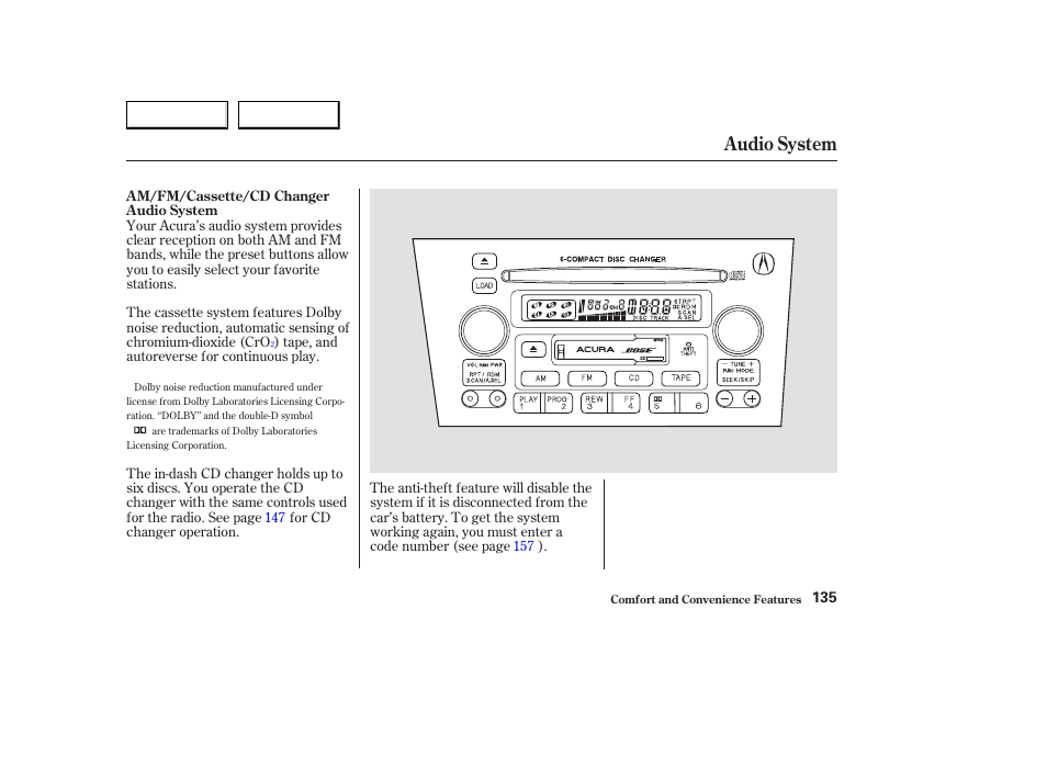 Audio system | Acura 2003 CL - Owner's Manual User Manual | Page 138 / 355