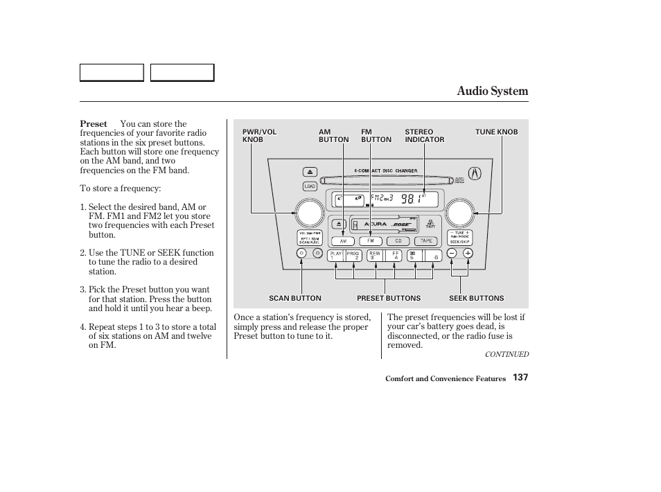 Audio system | Acura 2003 CL - Owner's Manual User Manual | Page 140 / 355