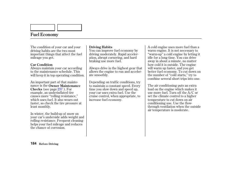Fuel economy | Acura 2003 CL - Owner's Manual User Manual | Page 187 / 355
