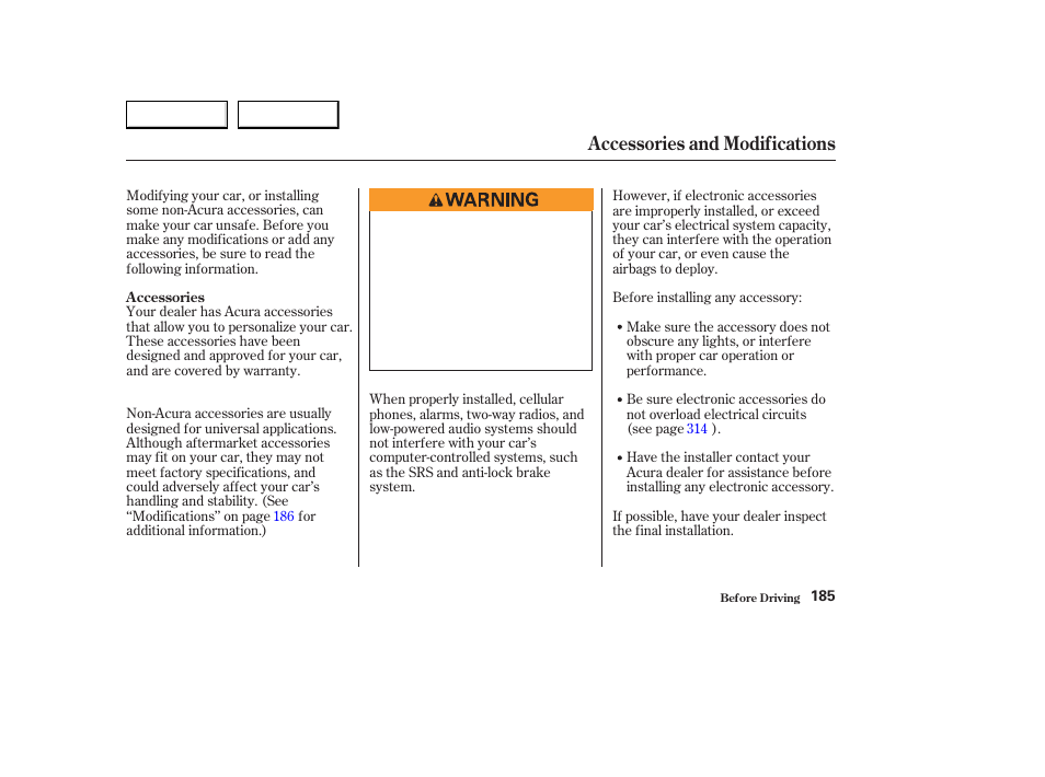 Accessories and modifications | Acura 2003 CL - Owner's Manual User Manual | Page 188 / 355