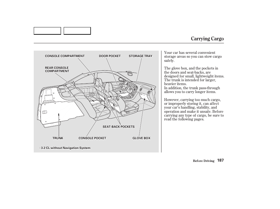 Carrying cargo | Acura 2003 CL - Owner's Manual User Manual | Page 190 / 355