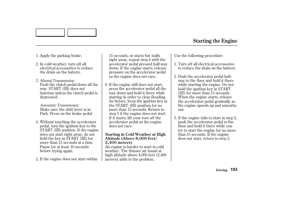 Starting the engine | Acura 2003 CL - Owner's Manual User Manual | Page 196 / 355