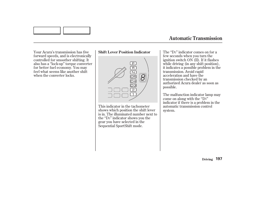 Automatic transmission | Acura 2003 CL - Owner's Manual User Manual | Page 200 / 355