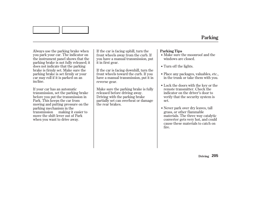 Parking | Acura 2003 CL - Owner's Manual User Manual | Page 208 / 355