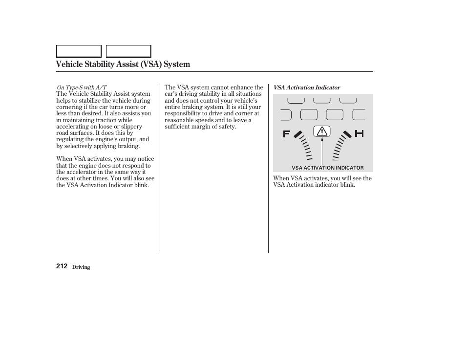 Vehicle stability assist (vsa) system | Acura 2003 CL - Owner's Manual User Manual | Page 215 / 355