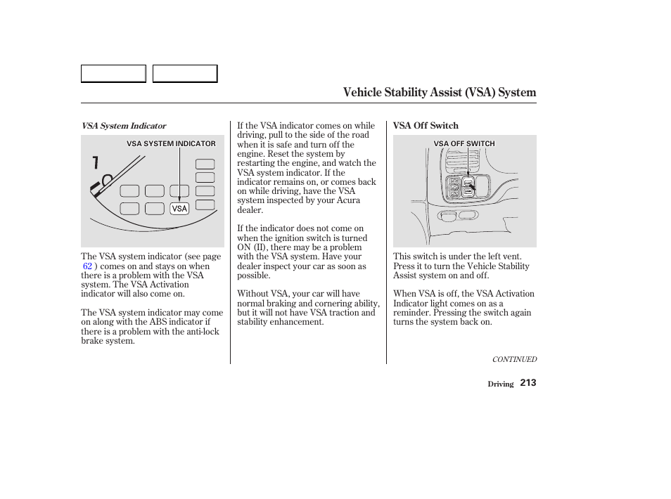 Vehicle stability assist (vsa) system | Acura 2003 CL - Owner's Manual User Manual | Page 216 / 355