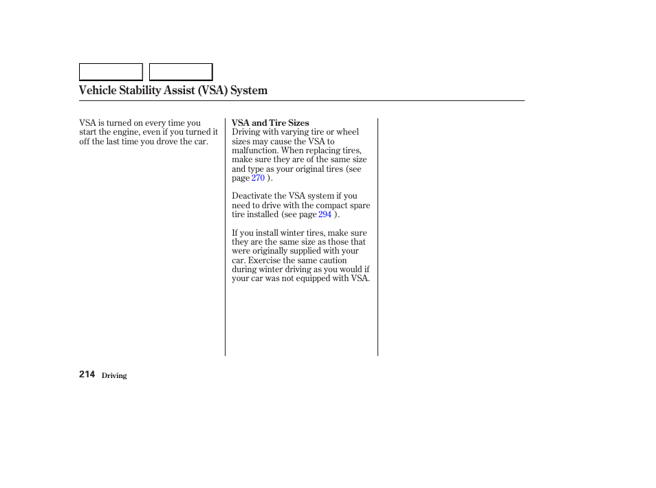 Vehicle stability assist (vsa) system | Acura 2003 CL - Owner's Manual User Manual | Page 217 / 355