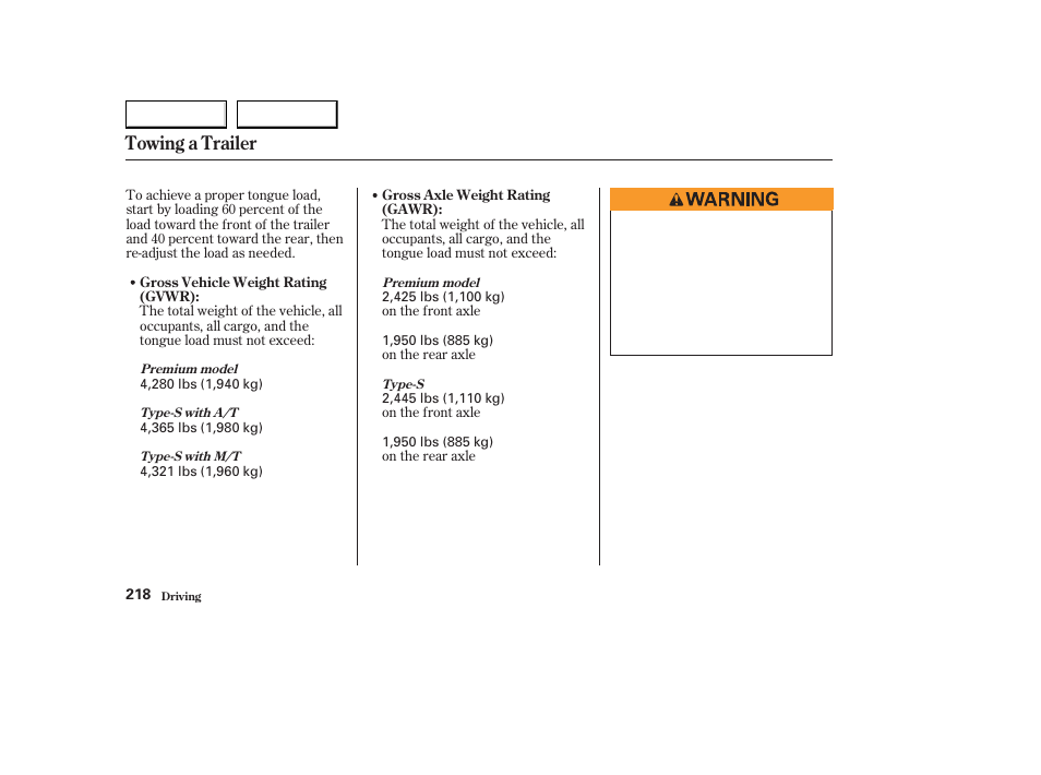 Towing a trailer | Acura 2003 CL - Owner's Manual User Manual | Page 221 / 355