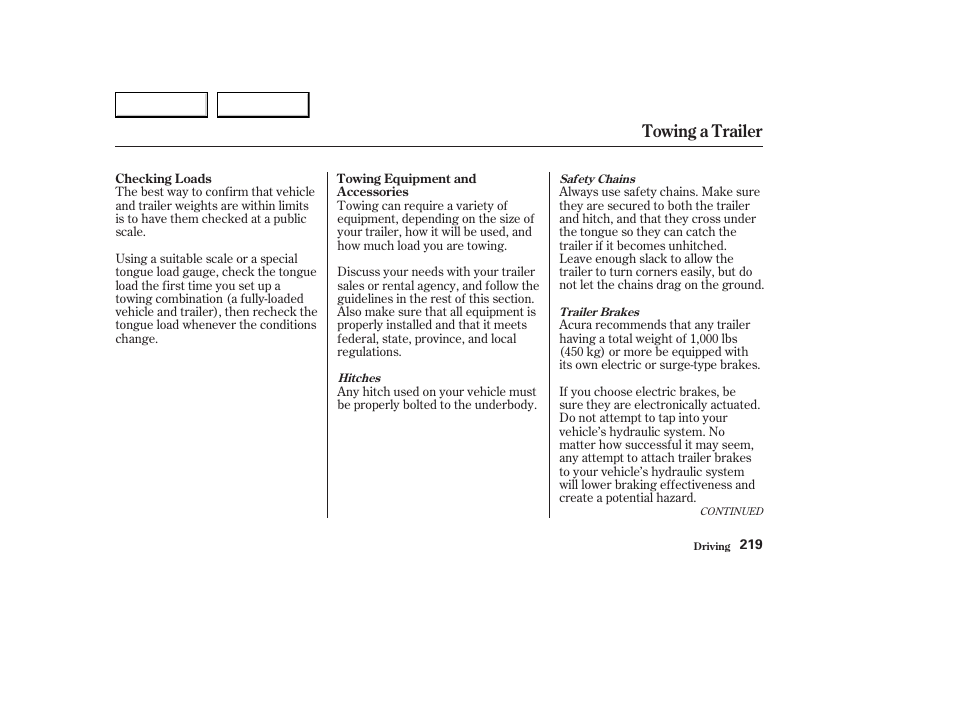 Towing a trailer | Acura 2003 CL - Owner's Manual User Manual | Page 222 / 355