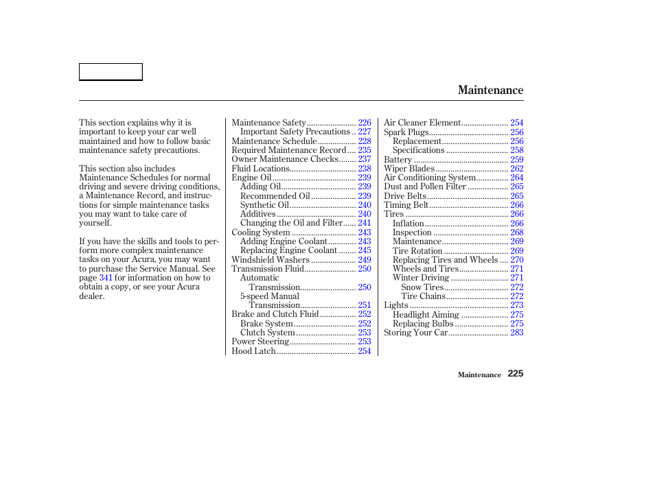 Maintenance | Acura 2003 CL - Owner's Manual User Manual | Page 228 / 355