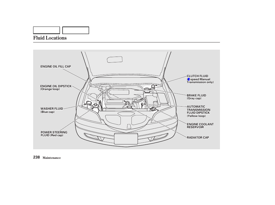 Fluid locations | Acura 2003 CL - Owner's Manual User Manual | Page 241 / 355